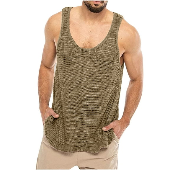 SwiftWear Mens Tank Top Undershirt Round Neck Sleeveless Hollow Out Casual Shirt Men Summer Brown XXXL