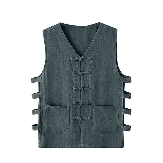 SwiftWear Mens Undershirts V-Neck Sleeveless Cotton Linen Waistcoat Buckle Green M