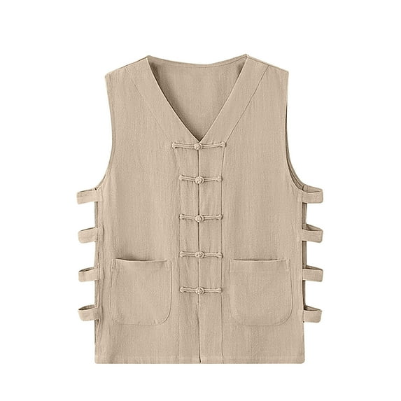 Nnhblu Mens Undershirts V-Neck Sleeveless Cotton Linen Waistcoat Vest Beige XL