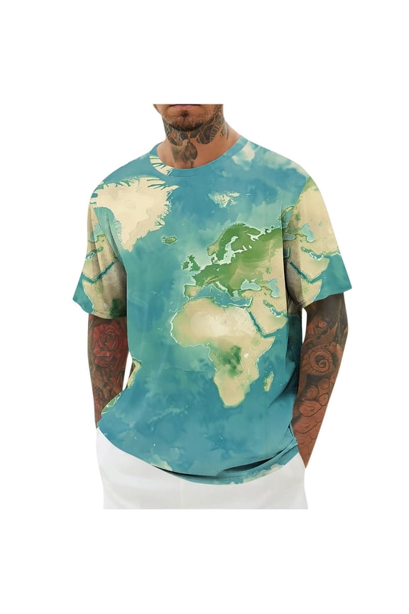Mens World Map Printed T-Shirt Funny Summer Tops Graphic Tee Fitted Athletic Top Geography Teacher Gift XXXXL