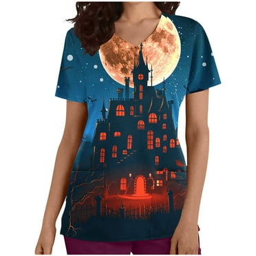 SwiftWear Nursing Uniforms for Women Halloween Bats Pumpkin Ghost Printed Scrub Tops with Pockets V Neck Tee Shirts Medical Scrubs S