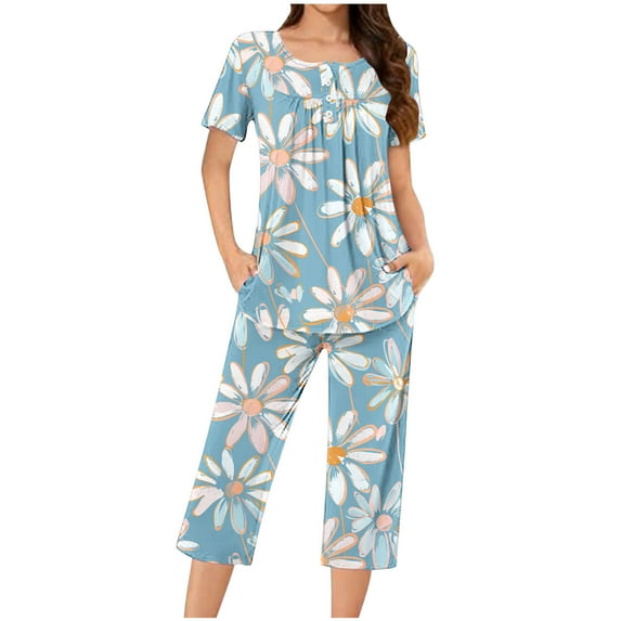SwiftWear Pajama Sets for Women 2 Piece Cute Printing Homewear Round Neck Short Sleeve Henley Shirts Capri Pants Soft Lounge Set XXXL