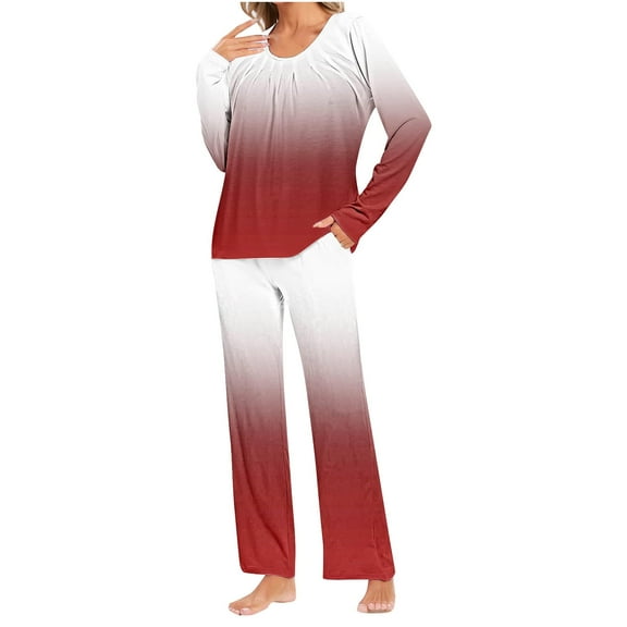 Yufatyle Pajamas for Women Set Long Pants Sleepwear Soft Comfy Nightwear Crewneck Pleated Loungewear Cute Home Wear with Pockets 2XL