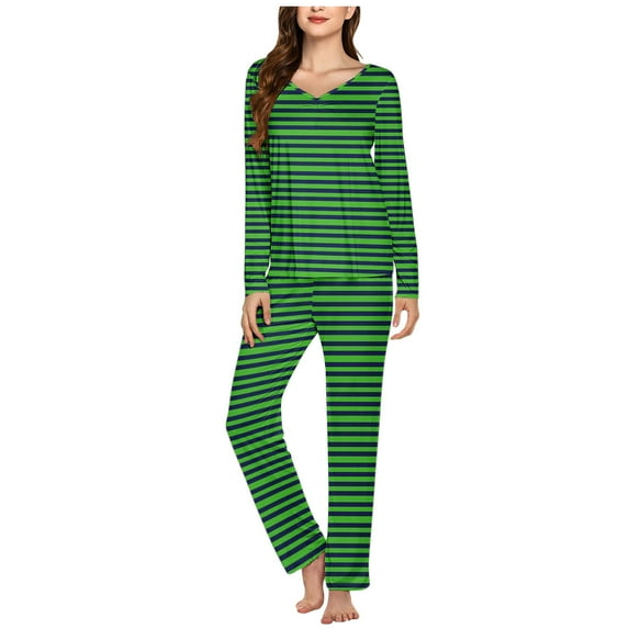 SwiftWear Pajamas for Women Set Striped Home Clothing Long Sleeve V Neck Shirts Pants 2 Piece Lounge Set Comfy Sleepwear, Green XXXL