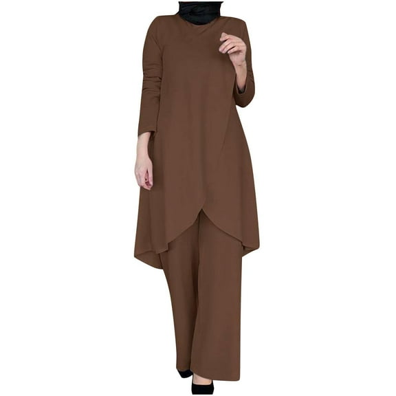 SwiftWear Pants Sets Women 2 Piece Outfits Long Sleeved Crewneck Front Split Loose Top Casual Pants Set Coffee XXXXL