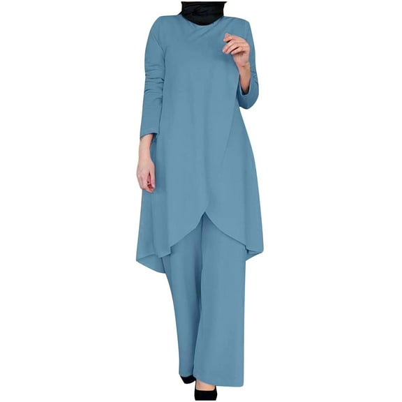 SwiftWear Pants Sets Women 2 Piece Outfits Long Sleeved Crewneck Front Split Loose Top Casual Pants Set Light Blue S