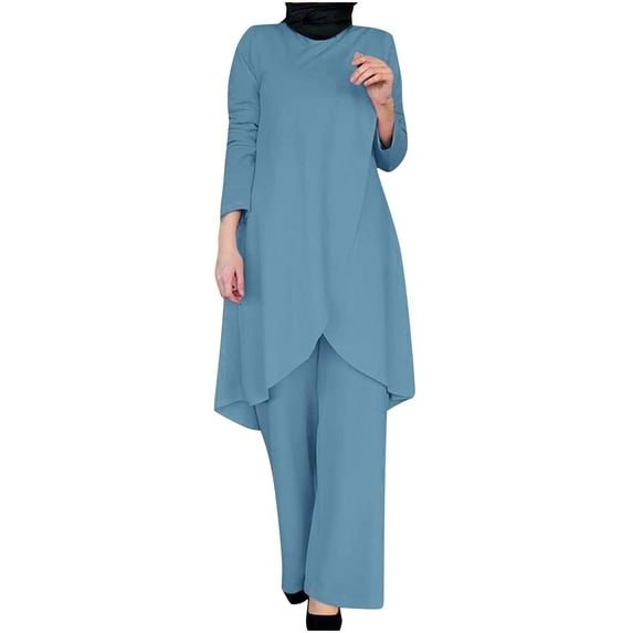 SwiftWear Pants Sets Women 2 Piece Outfits Long Sleeved Crewneck Front Split Loose Top Casual Pants Set Light Blue S
