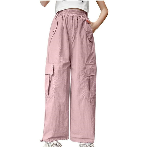 SwiftWear Parachute Pants for Girls Baggy Cargo Pants Girl Y2k Pants Elastic Waist Wide Leg Track Trousers Kids 5-15 Years, Pink