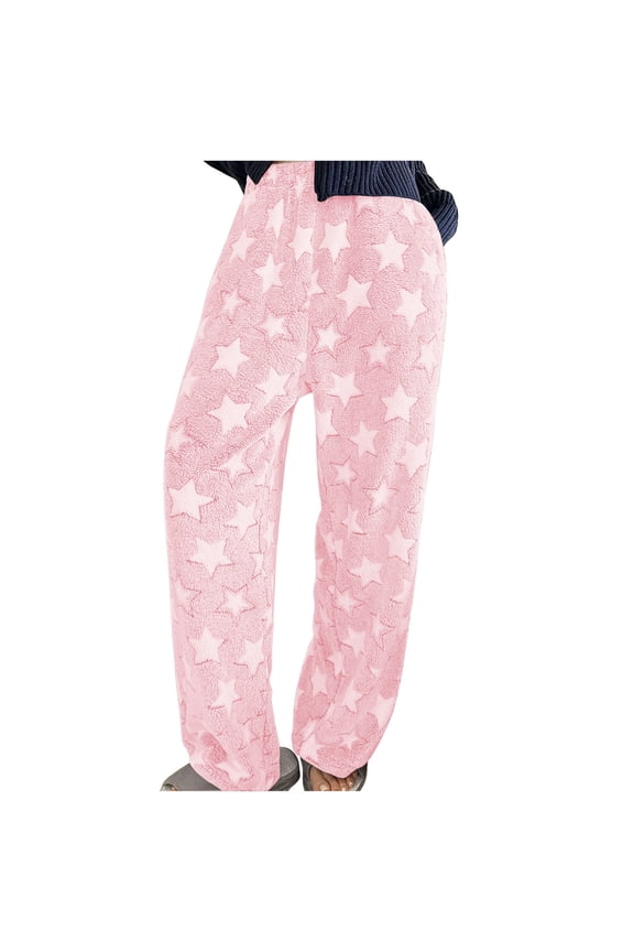 Pink Women's Plush Pajama Pants Fuzzy Stars Printed Pj Lounge Bottoms for Women Elastic Waist Warm Sleepwear M