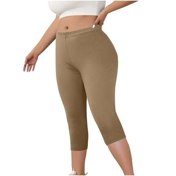 SwiftWear Plus Size Capri Leggings for Women High Waisted Stretchy Knee-Length Capri Pants Athleisure Yoga Pants Khaki 4XL