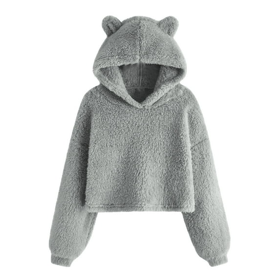 SwiftWear Plush Hoodies for Girl Cute Teddy Bear Ears Hooded Sweatshirt Long Sleeve Soft Warm Fleece Tops for 7-12 Years, Gray