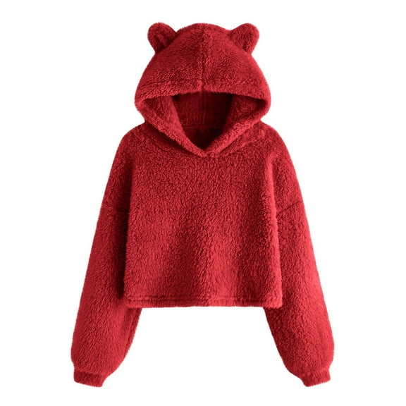 SwiftWear Plush Hoodies for Girl Cute Teddy Bear Ears Hooded Sweatshirt Long Sleeve Soft Warm Fleece Tops for 7-12 Years, Red