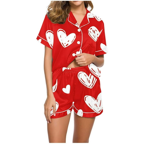 Yufatyle Polyester Pajamas for Women, Short Sleeve Pajama Set 2 Piece Button Down Homewear Valentines Day Gifts for Her Red XXL