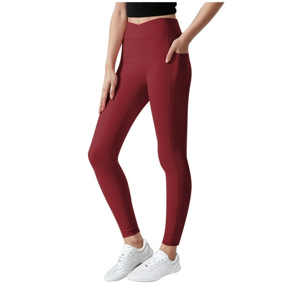 SwiftWear Red Girls Athletic Leggings Crossover High Waisted Yoga Pants with Pockets Kids Dance Running Workout Tights 5-12 Years