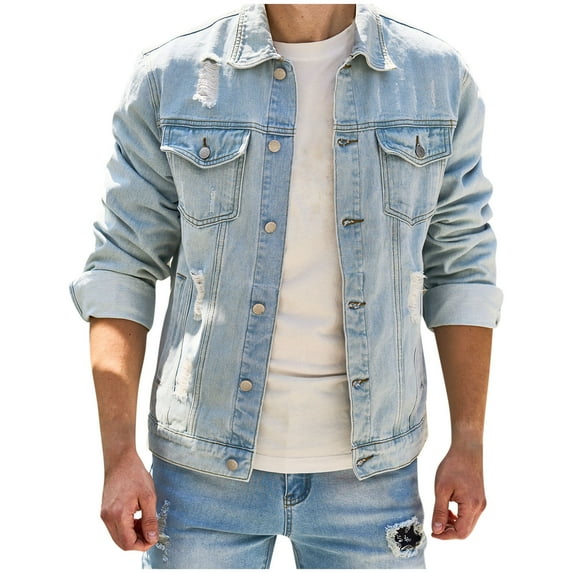 SwiftWear Ripped Denim Jacket for Men, Men's Lapel Solid Color Multi-Pocket Button Denim Outwear Trend Long Sleeve Jacket Coat Light Blue S