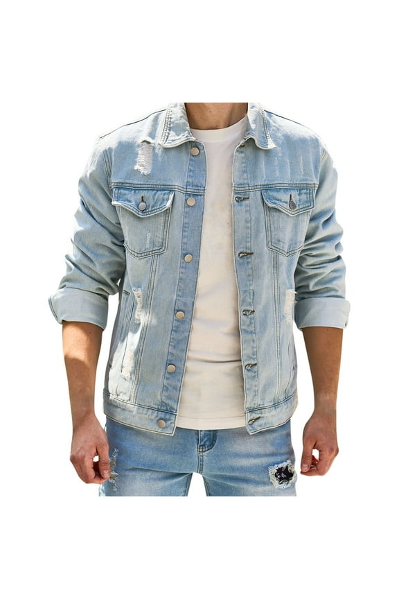 Ripped Denim Jacket for Men, Men's Lapel Solid Color Multi-Pocket Button Denim Outwear Trend Long Sleeve Jacket Coat Light Blue S