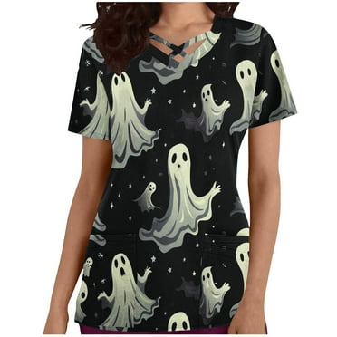 SwiftWear Scrub Tops for Women 2024 Halloween Print Medical Scrubs Work Uniform Short Sleeve Nursing Tops with Pockets Black S