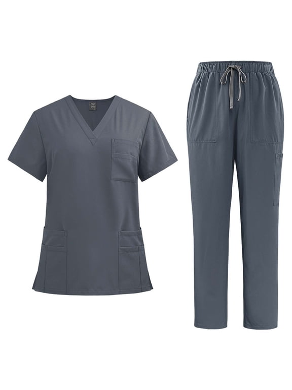 Scrubs Set for Women Nurse Uniform Strechy Tops and Cargo Pants with Pockets Suit for Nurse Workwear Gray L