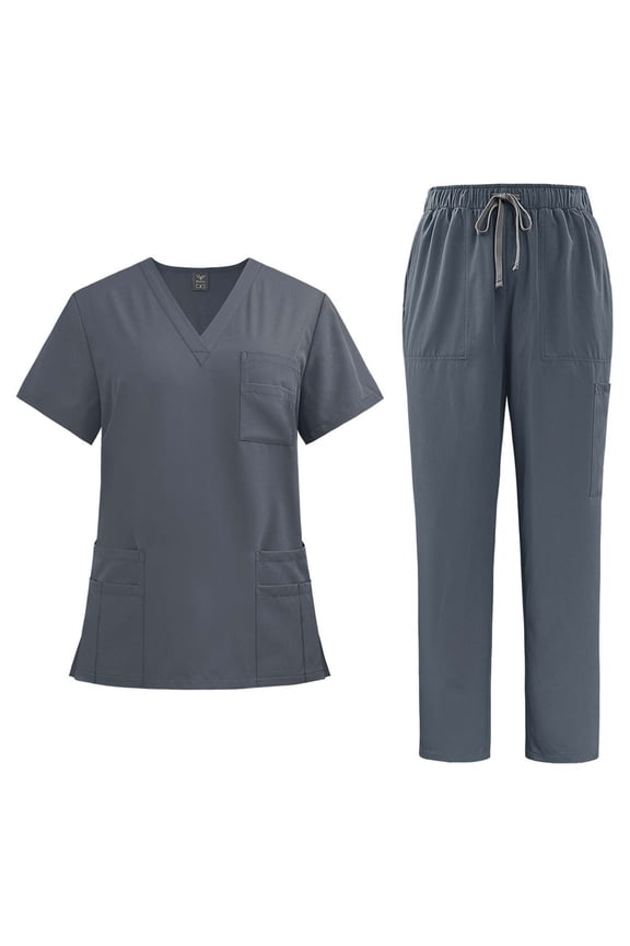 Scrubs Set for Women Nurse Uniform Strechy Tops and Cargo Pants with Pockets Suit for Nurse Workwear Gray L