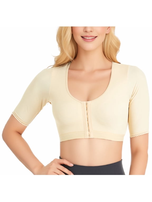 Shaper Tops for Women Arm Compression Post Surgery Front Closure Bra Shapewear Yoga Running Shockproof Sports Bra, Beige L