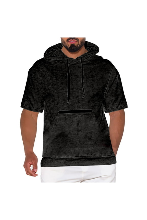 Short Sleeve Hoodie for Men Kangaroo Pocket Hooded T Shirts Casual Solid Athleisure Tee Tops XXXL