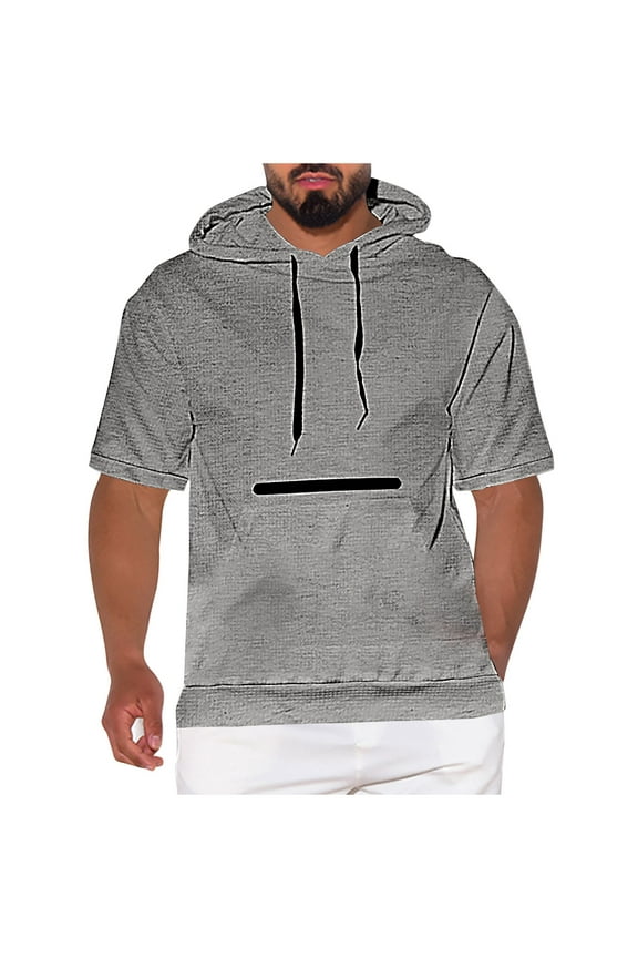 Short Sleeve Hoodie for Men Kangaroo Pocket Hooded T Shirts Casual Solid Athleisure Tee Tops XXXL