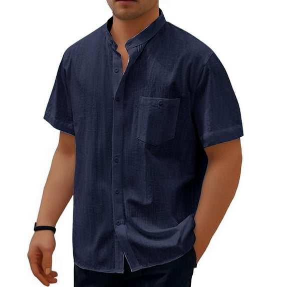 Yufatyle Short Sleeve Shirts for Men Button Down Shirts for Men Short Sleeve Quick Dry Fashion Solid Color T-Shirts, Dark Blue-2XL