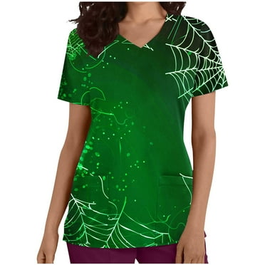 Yufatyle Short Sleeve V-Neck Halloween Scrub Tops with Pockets Nurse Shirts for Women Holiday Top Work UniformsGreen S