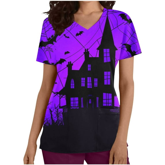 Yufatyle Short Sleeve V-Neck Halloween Scrub Tops with Pockets Nurse Shirts for Women Holiday Top Work UniformsPurple L