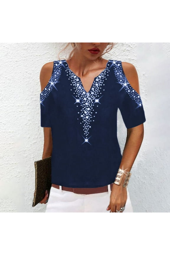 Off Shoulder Blouse for Women Summer Hot Blouses for Women Dressy Casual Ladies Tops and Blouses V-Neck T-shirt Loose Comfortable Female Blouses Blue