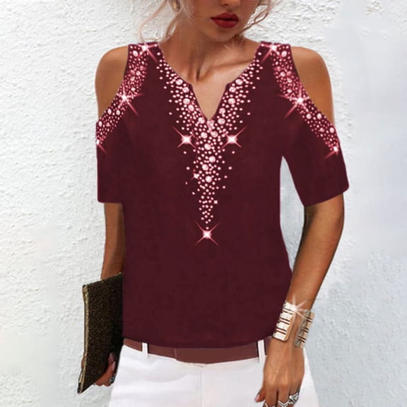 Yufatyle Off Shoulder Blouse for Women Summer Hot Blouses for Women Dressy Casual Ladies Tops and Blouses V-Neck T-shirt Loose Comfortable Female Blouses Wine