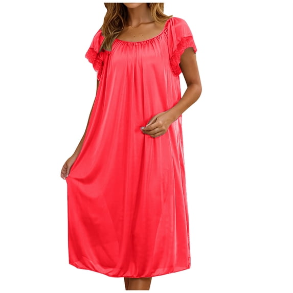 SwiftWear Silky Sleepwear for Women Lace Trim Short Sleeve Scoop Neck Long Nightgowns Lightweight Nightshirt Loungewear Sleepdress Red