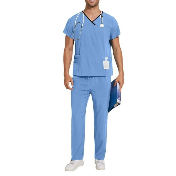 Yufatyle Sky Blue Scrub Set for Men, Cross V-Neck Scrub Top & Drawstring Cargo Scrub Pants, Stretchy Comfy Work Uniform XL