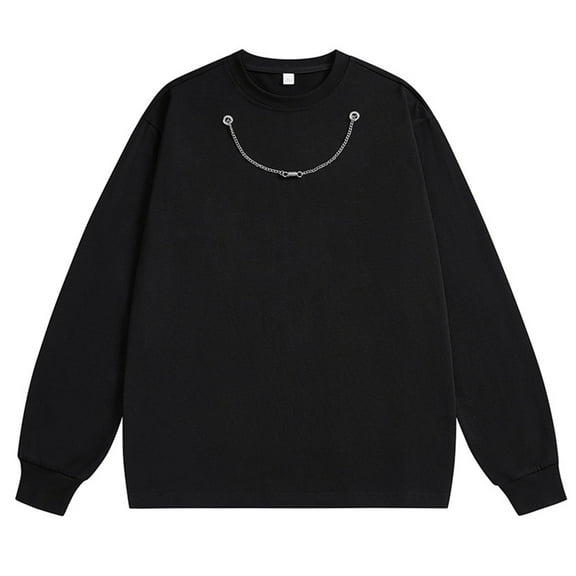 SwiftWear Solid Color Sweatshirts for Men Round Neck Long Sleeve Casual Tops Chain Loose Fit Shirts Fall Winter Clothing Black S