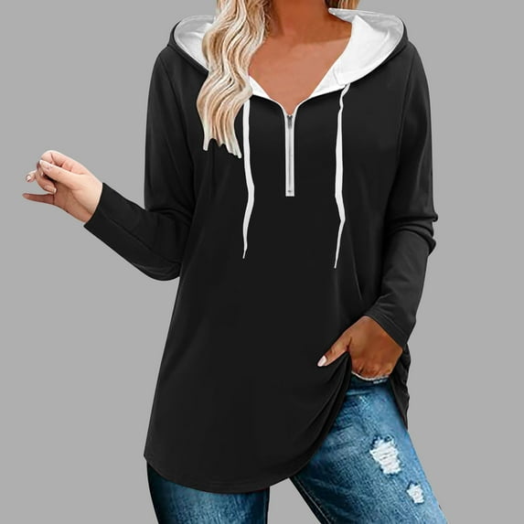 Yufatyle Solid Hoodies for Women Quarter Zip-Up Hooded Sweatshirts Long Sleeve Pullover Tops Loose Fit Oversized Shirts 2XL