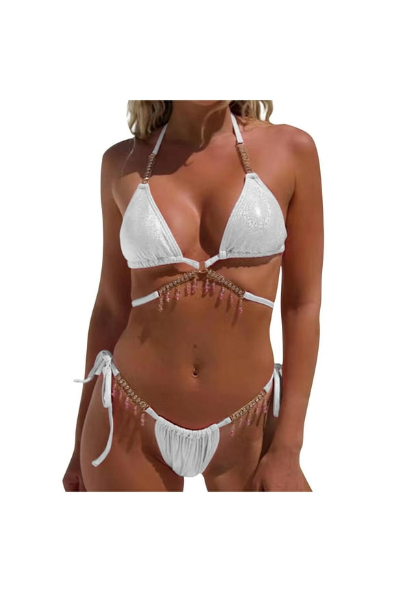 Sparkly Rhinestone Bikini Sets, Glitter Shiny Chain Beach Outfits for Women Summer White L