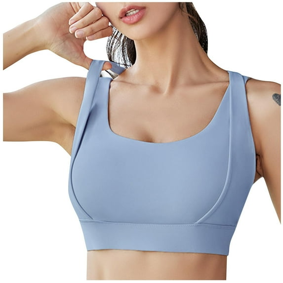 Yufatyle Sports Bras for Women, Solid Color Padded Wireless Bra Double Strap Cross Back High Support Workout Running Yoga Bras, Sky Blue XL