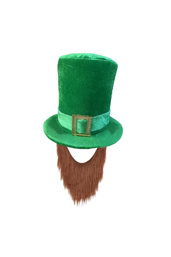 St. Patrick's Day Green Leprechaun Top Hat with Beard Irish Shamrock Velvet Hat Party Supply Parade Accessories