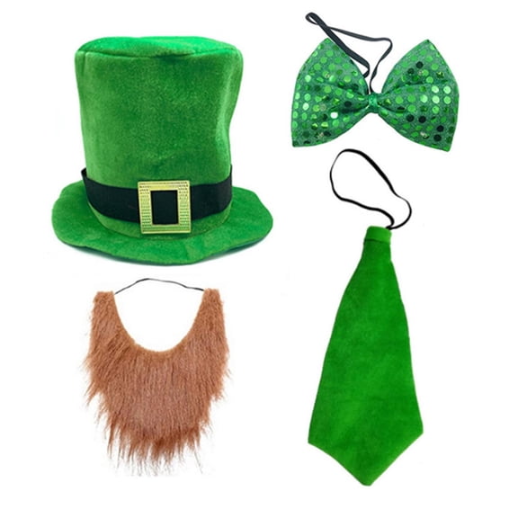 SwiftWear St. Patrick's Day Top Hat and Beard Strap Tie Accessories Set 4Pcs Irish Holiday Decoration Party Supplies Green