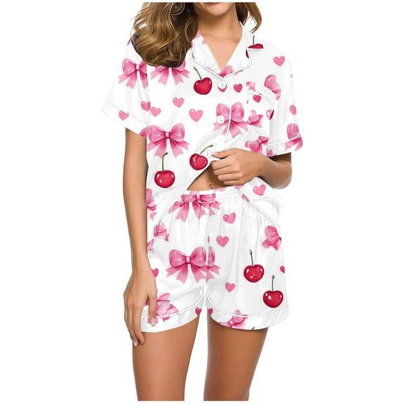 SwiftWear Summer Pajamas for Women, Valentine's Day Gift 2PC Shorts Set Short Sleeve Button Down Sleepwear Soft Homewear White M
