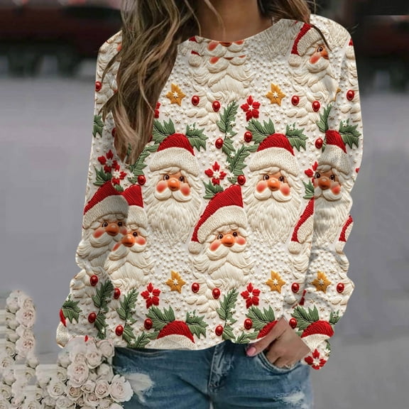 SwiftWear Sweatshirts for Women Crewneck Long Sleeve Pullover Top Christmas Tree Santa Claus Print Shirts Holiday Xmas Gifts L