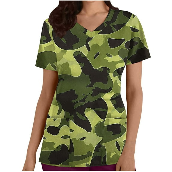 SwiftWear Tactical Scrubs Top for Women Camo Work Scrub Nursing Uniform Short Sleeve V Nek Holiday Shirts L