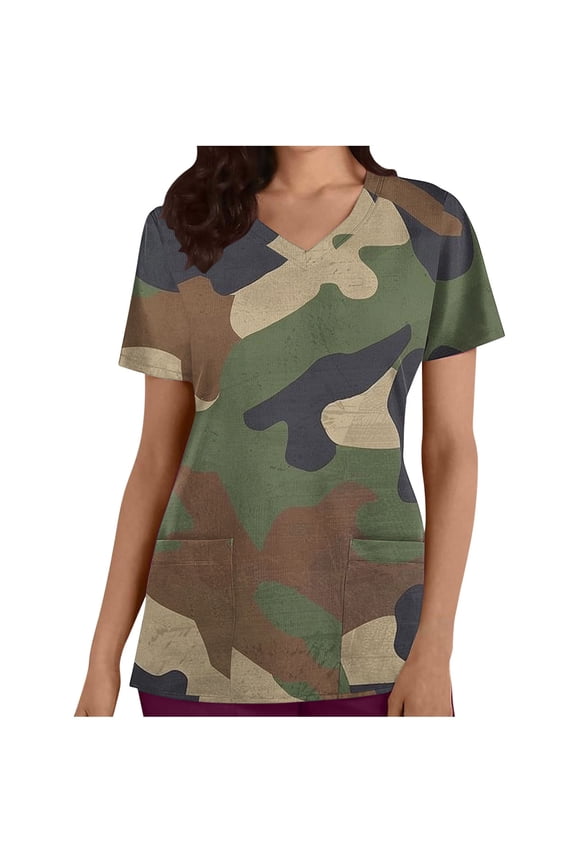 Tactical Scrubs Top for Women Camo Work Scrub Nursing Uniform Short Sleeve V Nek Holiday Shirts S