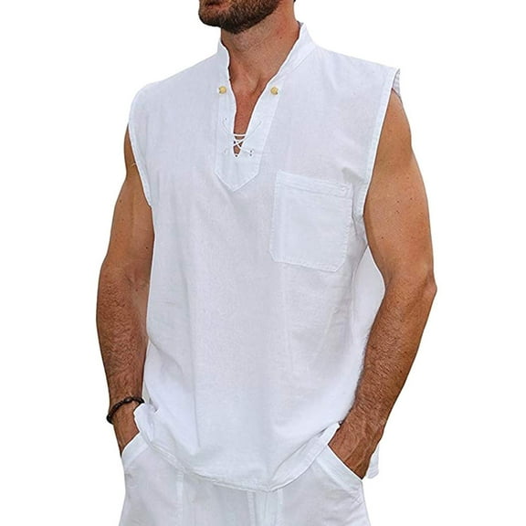 Yufatyle Tank Top T Shirts for Men V-Neck Sleeveless Cotton Linen Casual Shirt Men Slim Fit White XXL