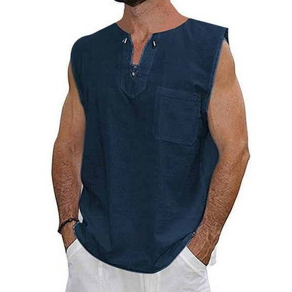 Yufatyle Tank Top T Shirts for Men V-Neck Sleeveless Cotton Linen Casual Shirt Men Summer Navy M