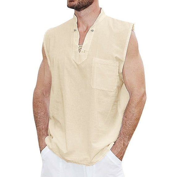 Yufatyle Tank Top T Shirts for Men V-Neck Sleeveless Cotton Linen Vest for Men Casual Khaki XXL