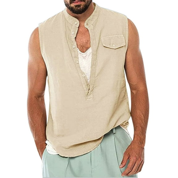 Nnhblu Tank Tops V-Neck Sleeveless Pullover Double Pocket T Shirts for Men Beige XXL