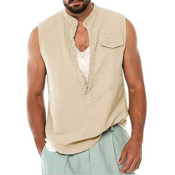 Nnhblu Tank Tops V-Neck Sleeveless Pullover Pocket Tshirts Shirts for Men Beige XL