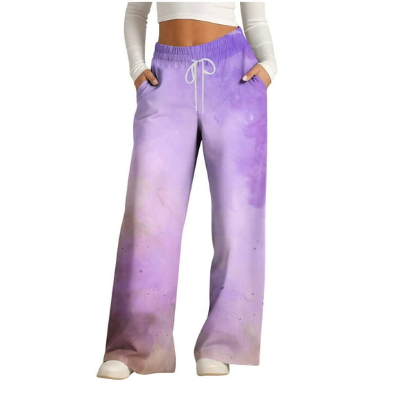 SwiftWear Tie Dyed Pants for Women Drawstring Elastic High Waisted Wide Leg Pants Loose Comfort Trousers S