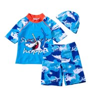 SwiftWear Toddler Swimsuit Boy 3 Pieces Swim Set Short Sleeve Swim Shirt + Swim Trunks Rash Guard Bathing Suits with Hat 2-15T